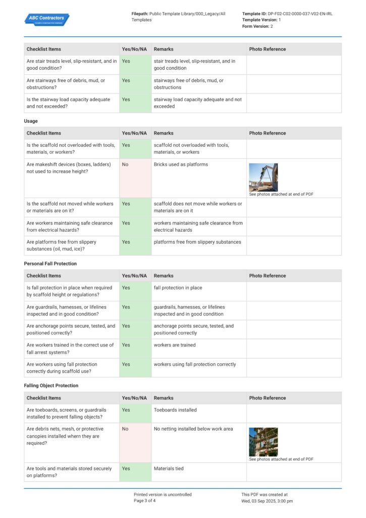 Scaffold Tower Pre-Use Checklist