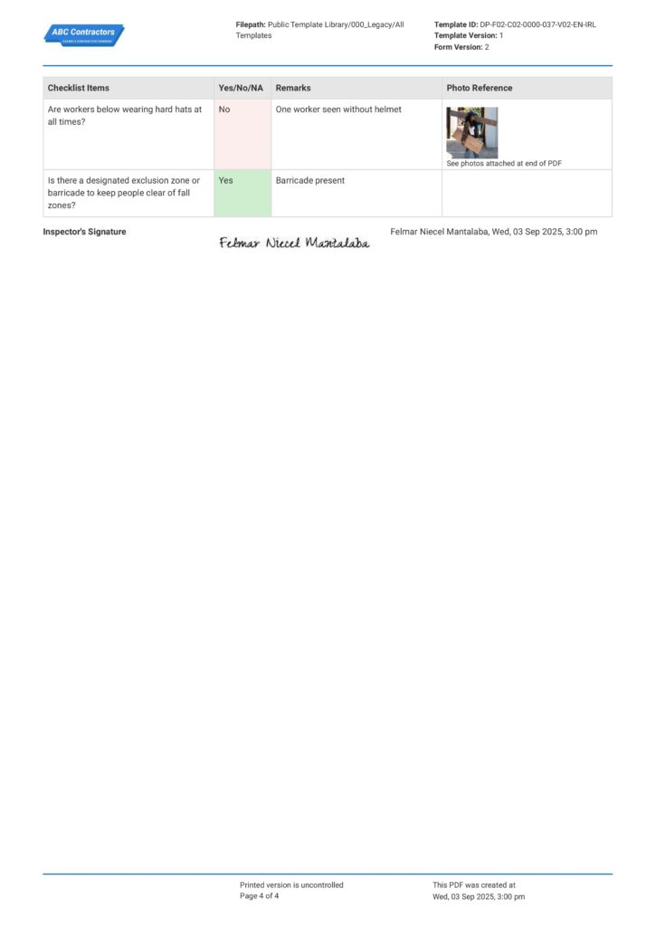 Scaffold Tower Pre-Use Checklist