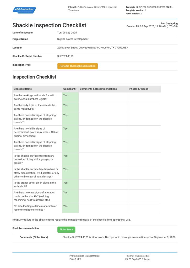 Shackle Inspection Checklist Shackle Inspection Checklist