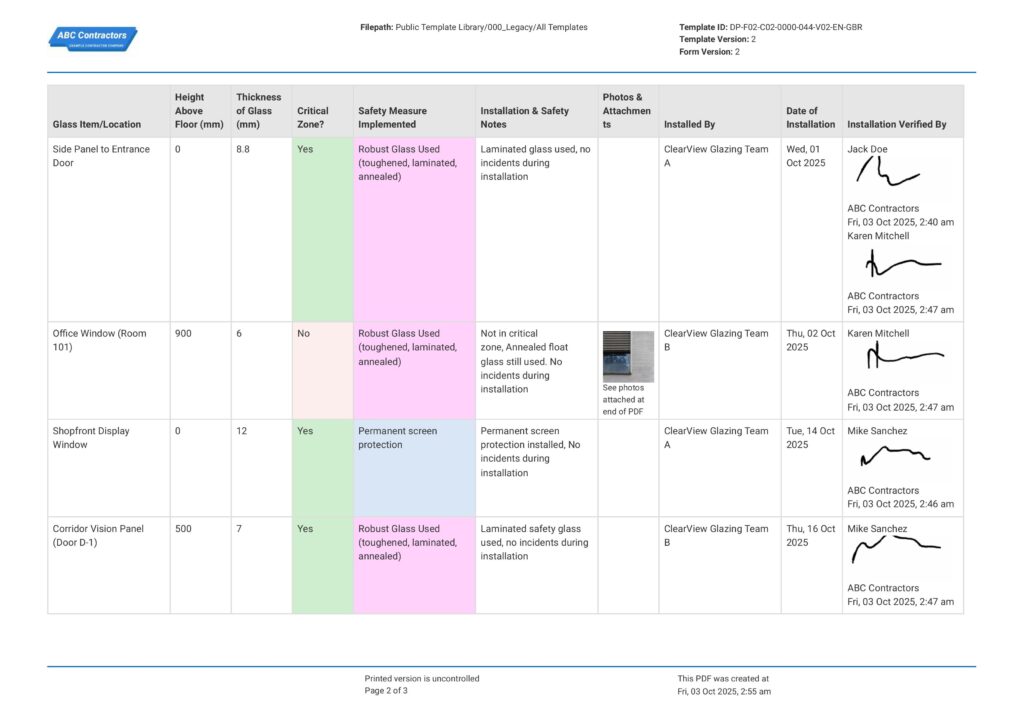 Glazing Safety Log