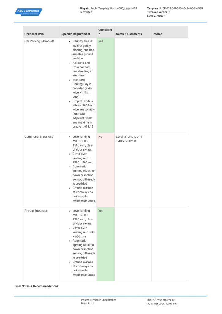Part M Accessible Route Checklist