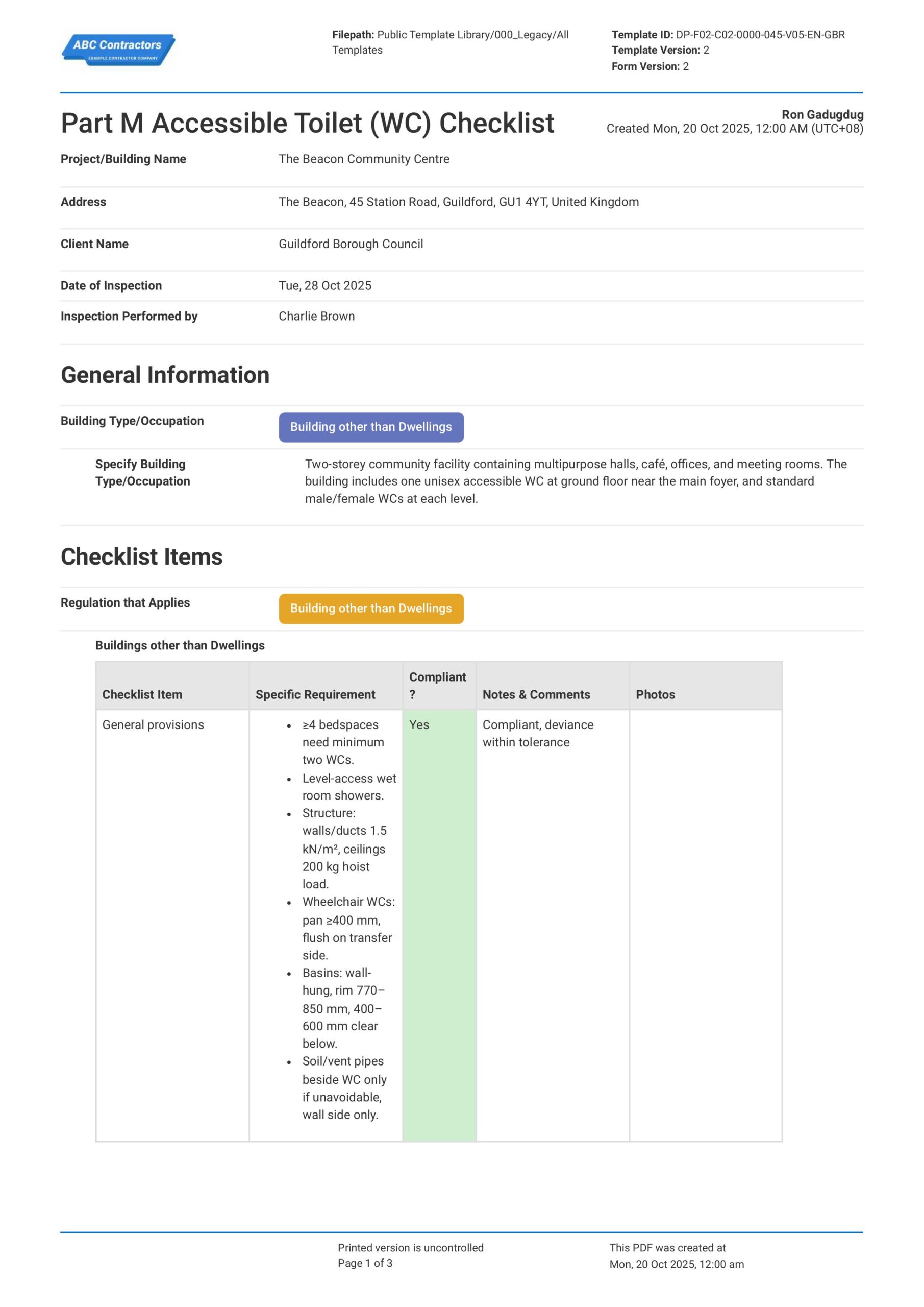 Part M Accessible WC Toilet Checklist