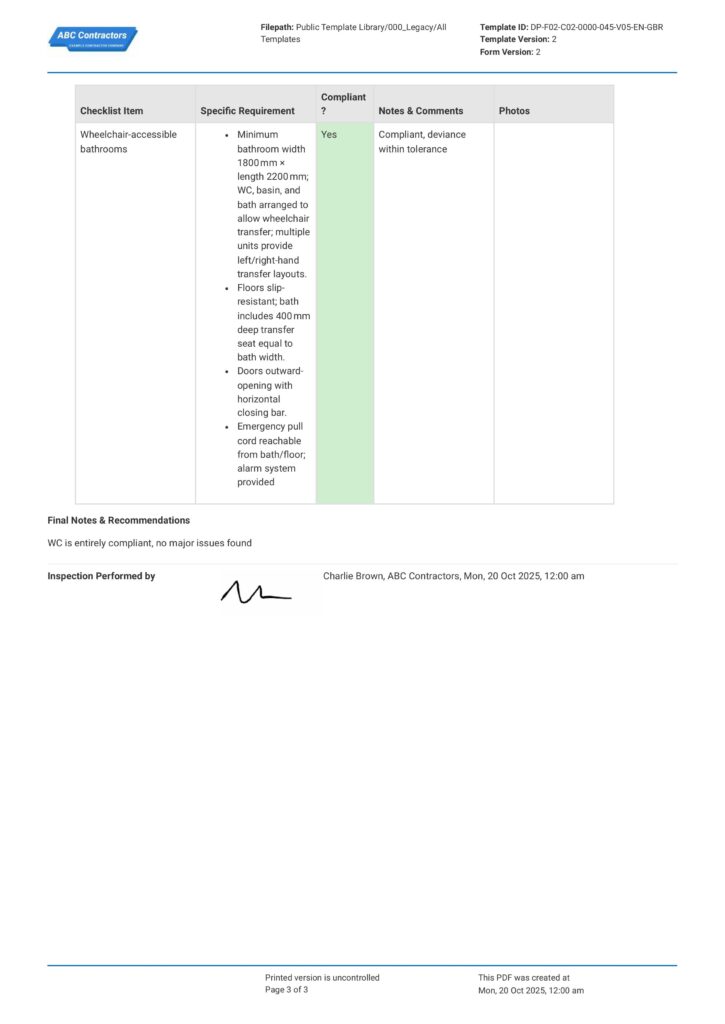 Part M Accessible WC Toilet Checklist