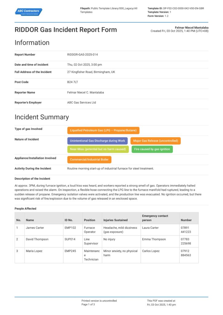 RIDDOR Gas Incident Report Form