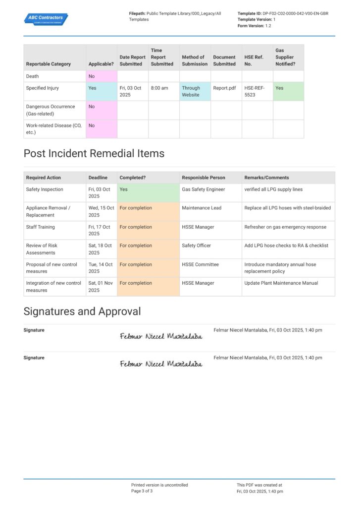 RIDDOR Gas Incident Report Form