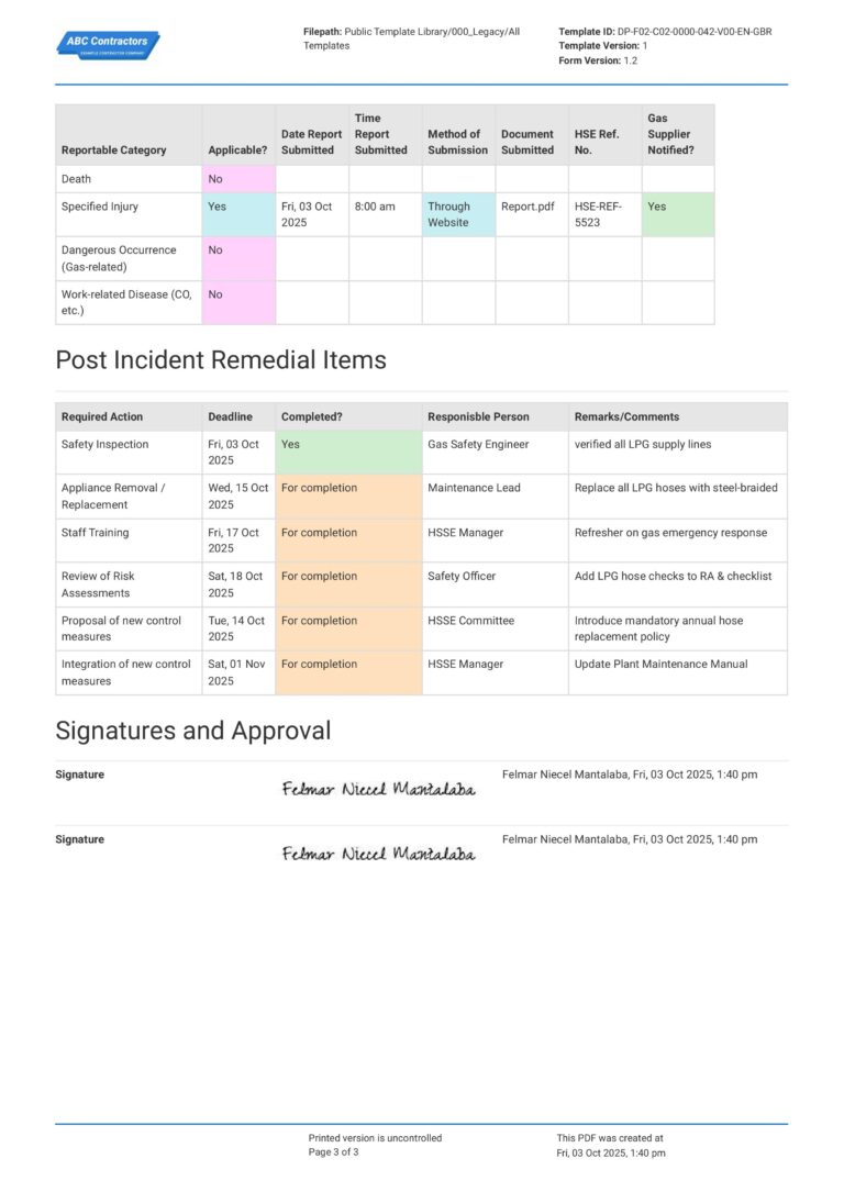RIDDOR Gas Incident Report Form Template | Free Download
