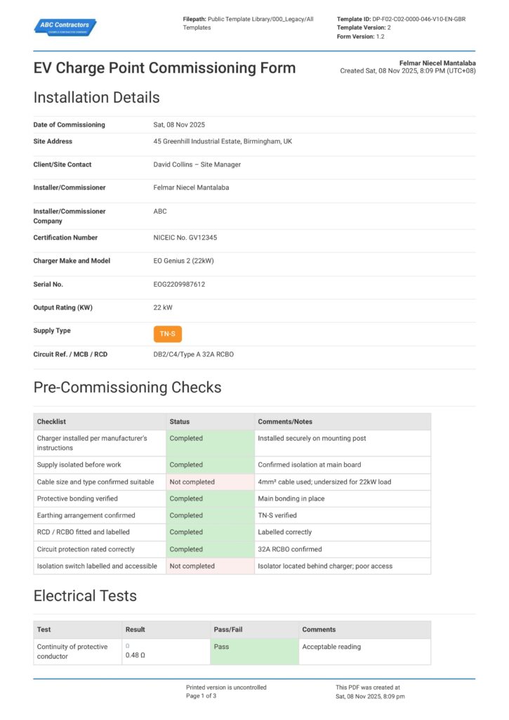 EV Charge Point Commissioning Form