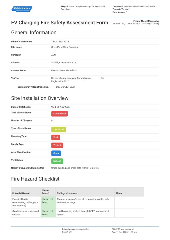 EV Charging Fire Safety Assessment Form