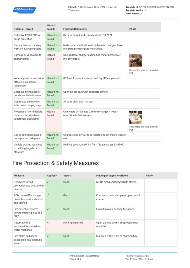 EV Charging Fire Safety Assessment Form