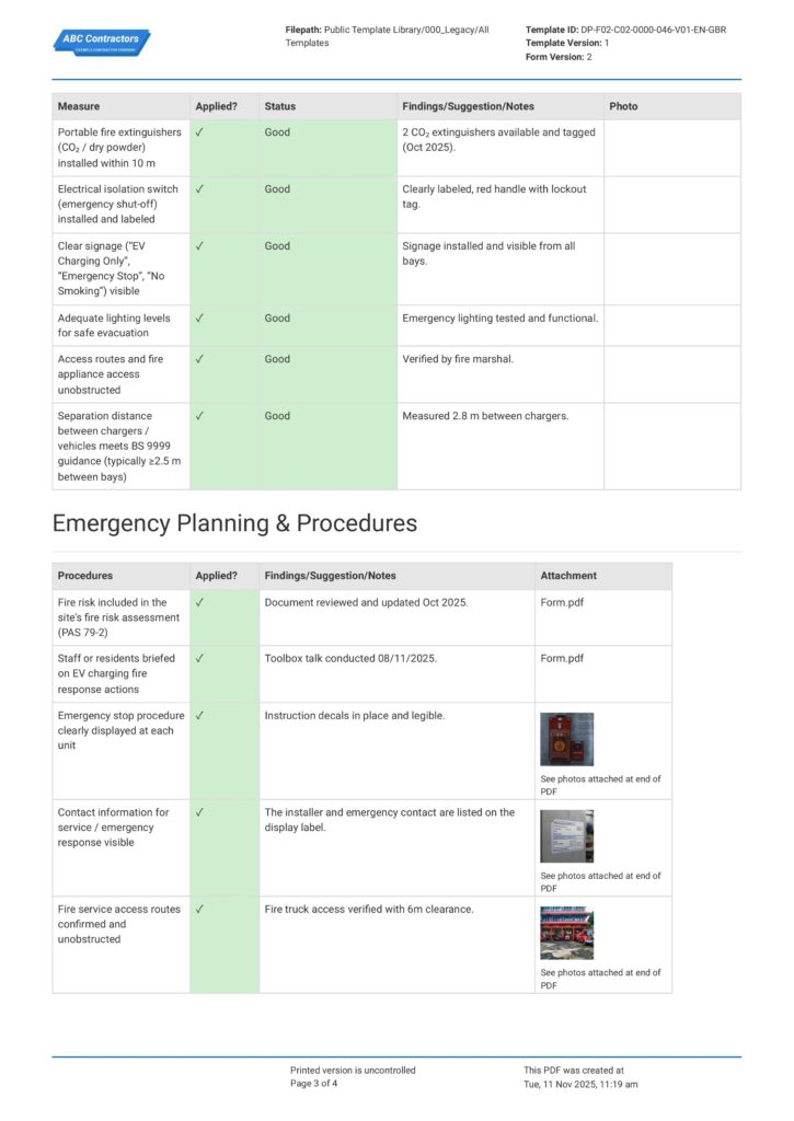 EV Charging Fire Safety Assessment Form