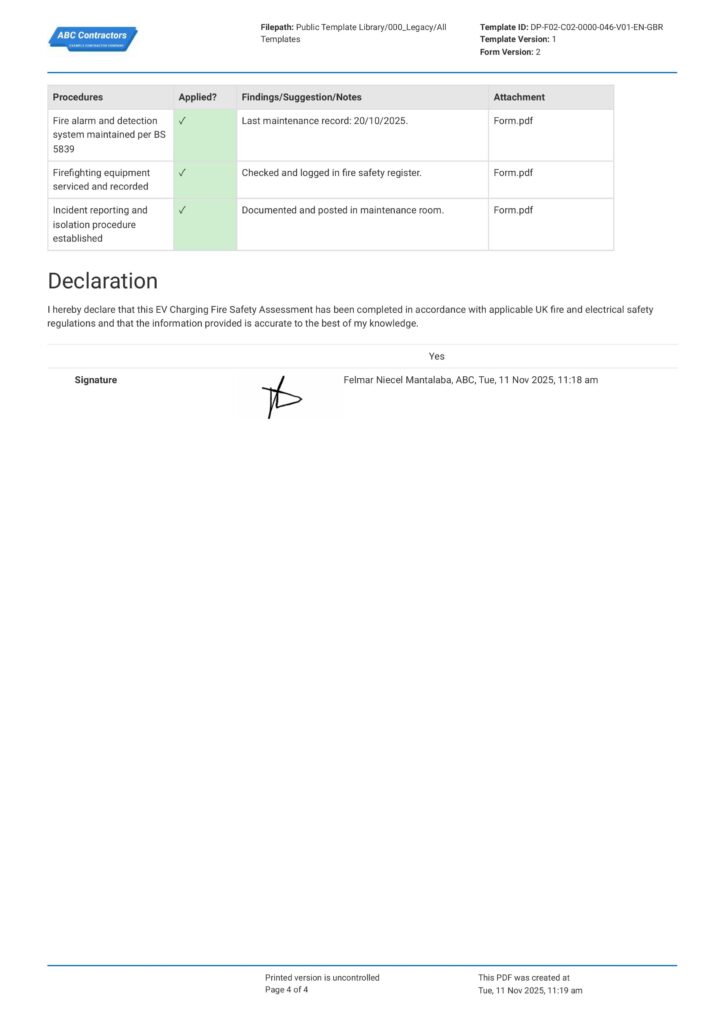 EV Charging Fire Safety Assessment Form