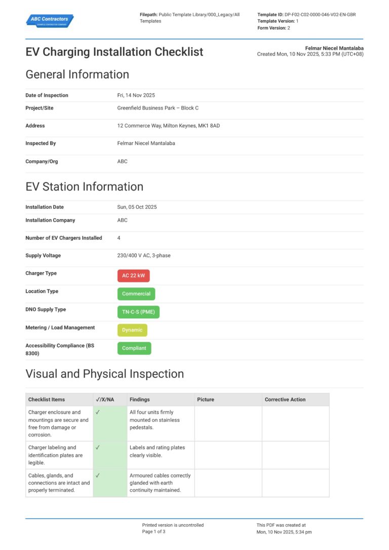 Checklist Cladding Installation EV Charging Installation Checklist Template - Requirements Guide