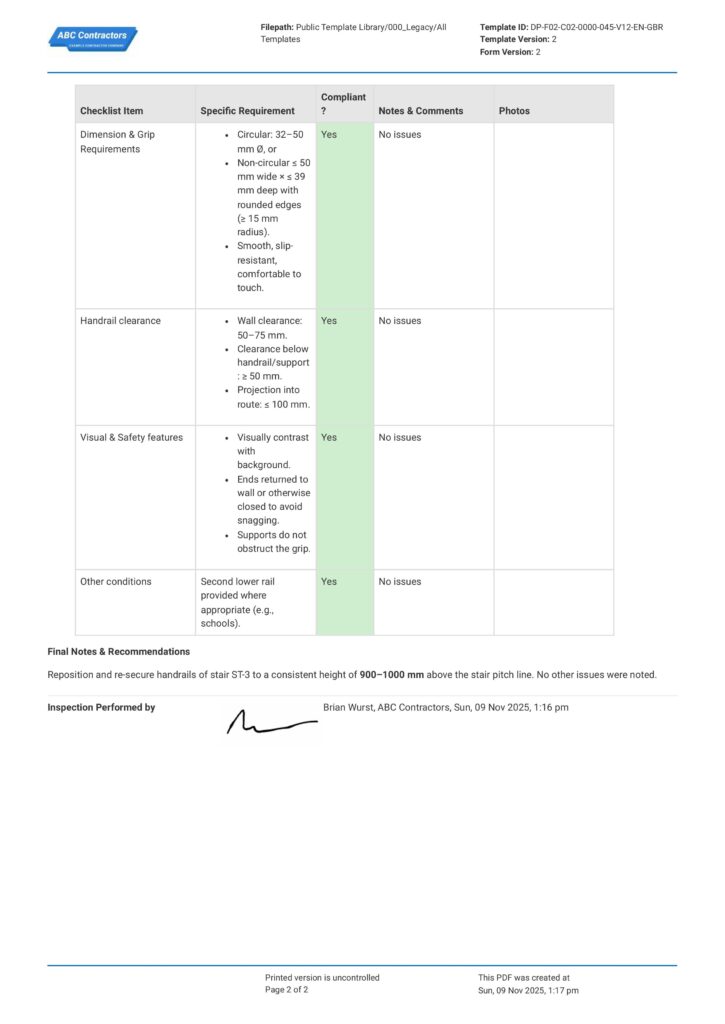 Part M Handrail Compliance Checklist