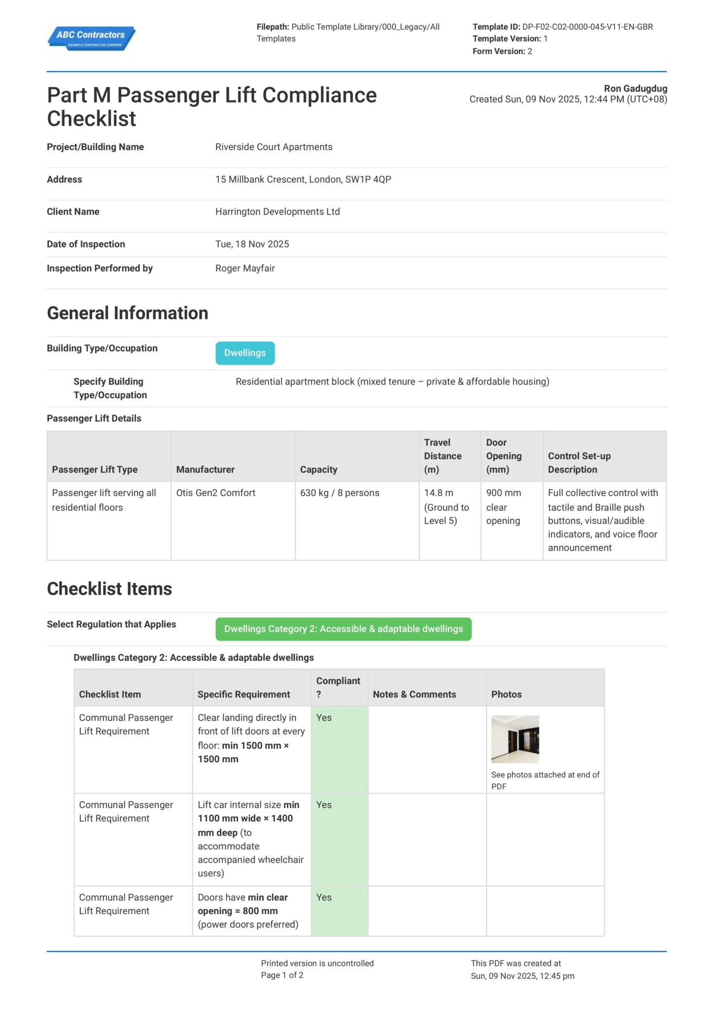 Part M Passenger Lift Compliance Checklist Template - Safety PDF