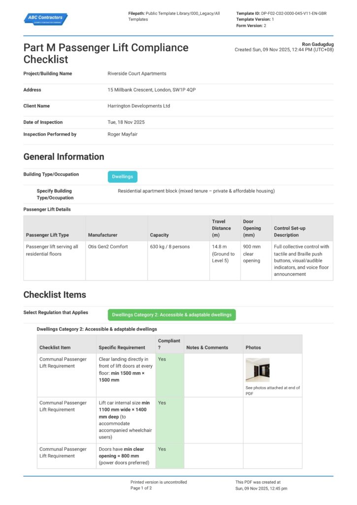 Part M Passenger Lift Compliance Checklist