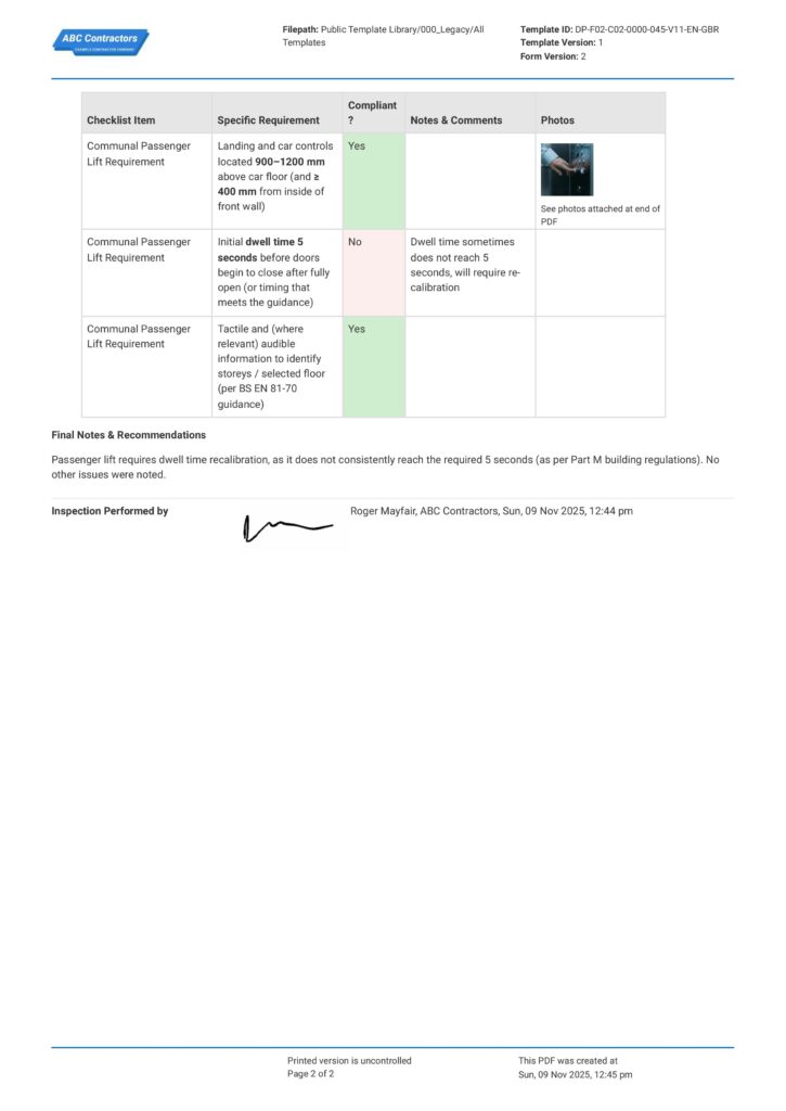 Part M Passenger Lift Compliance Checklist