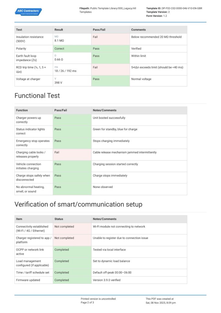 EV Charge Point Commissioning Form