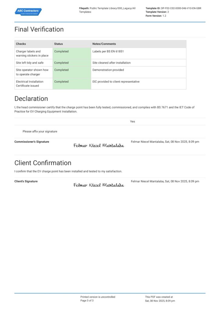 EV Charge Point Commissioning Form