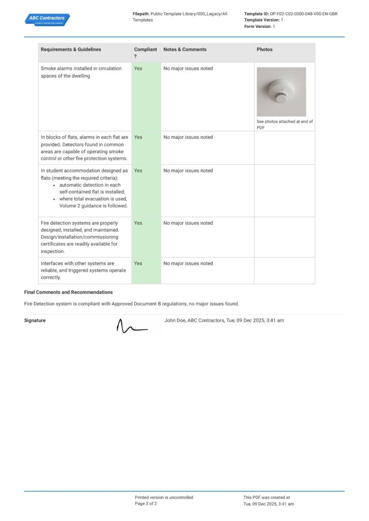 ADB Fire Detection System Compliance Checklist