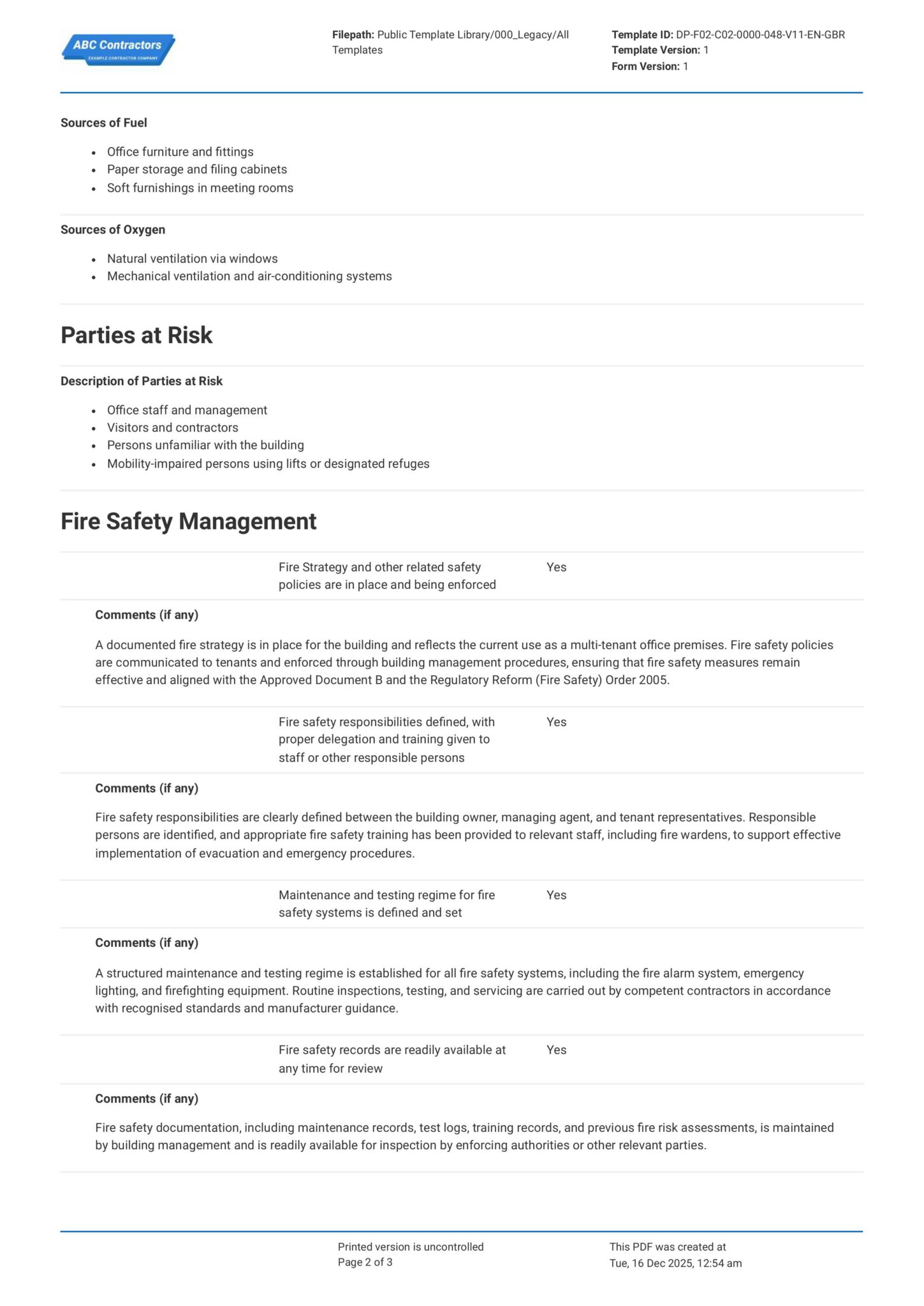 Building Fire Risk Assessment - Fire Hazards Identification Form