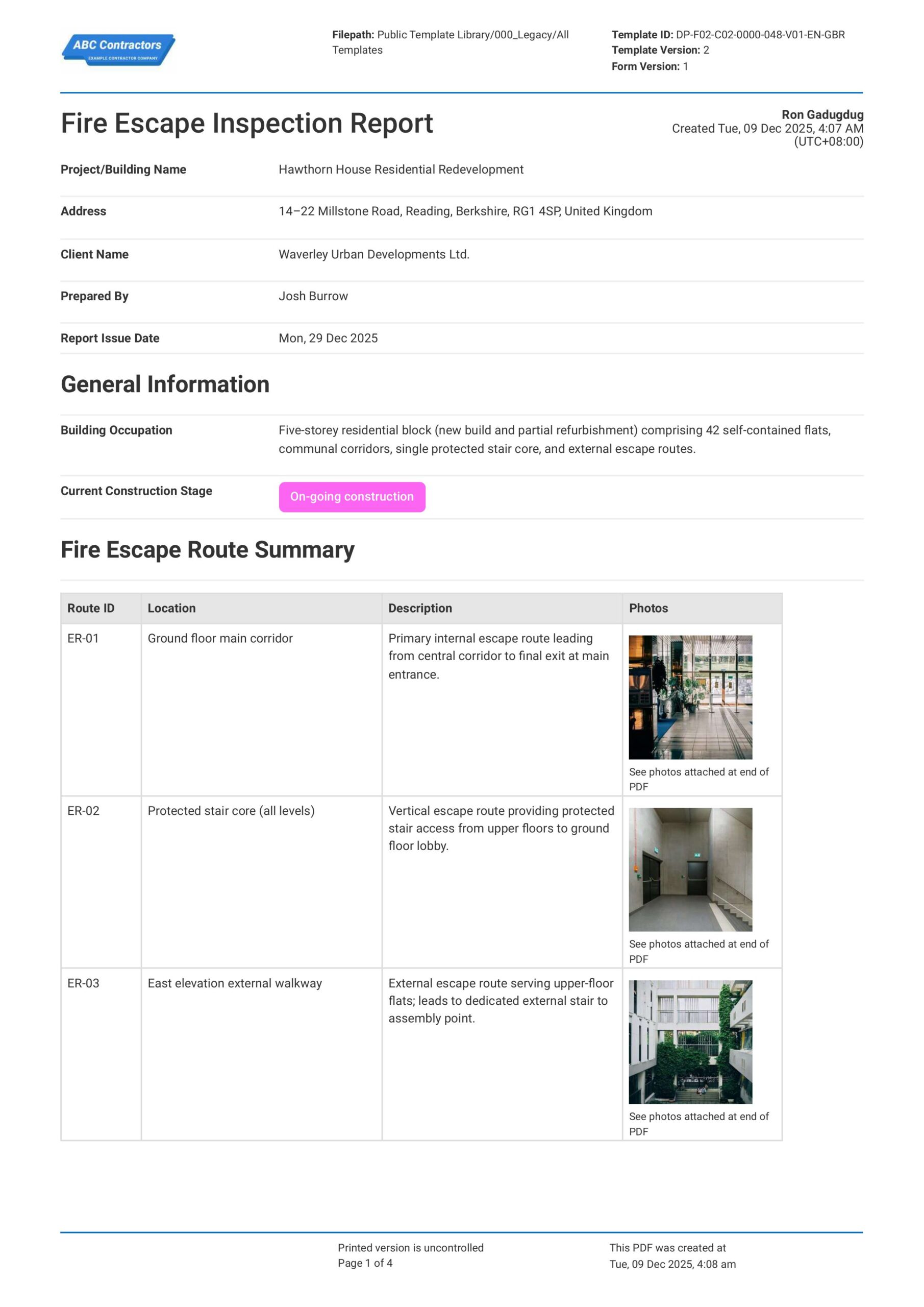 Fire Escape Inspection Report