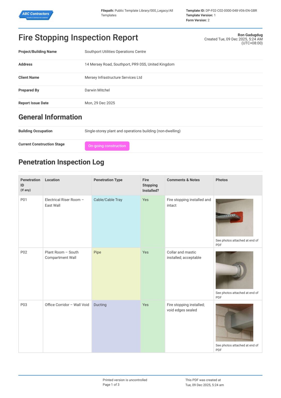 Fire Riser Test Report Format Fire Stopping Inspection Report Template - Fire Safety PDF Form