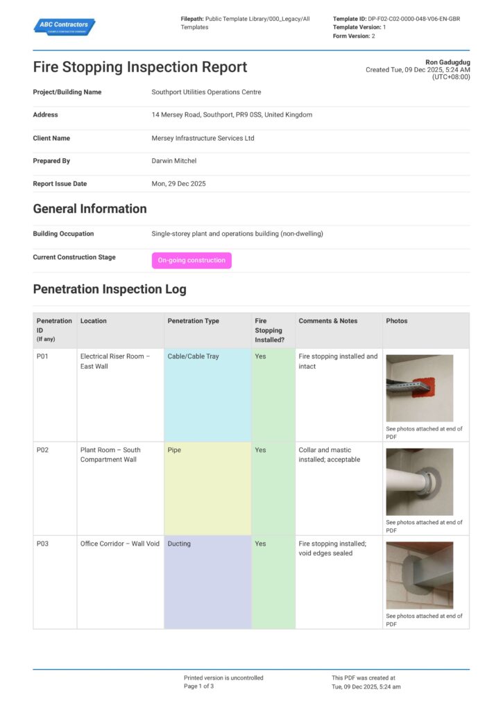 Fire Stopping Inspection Report
