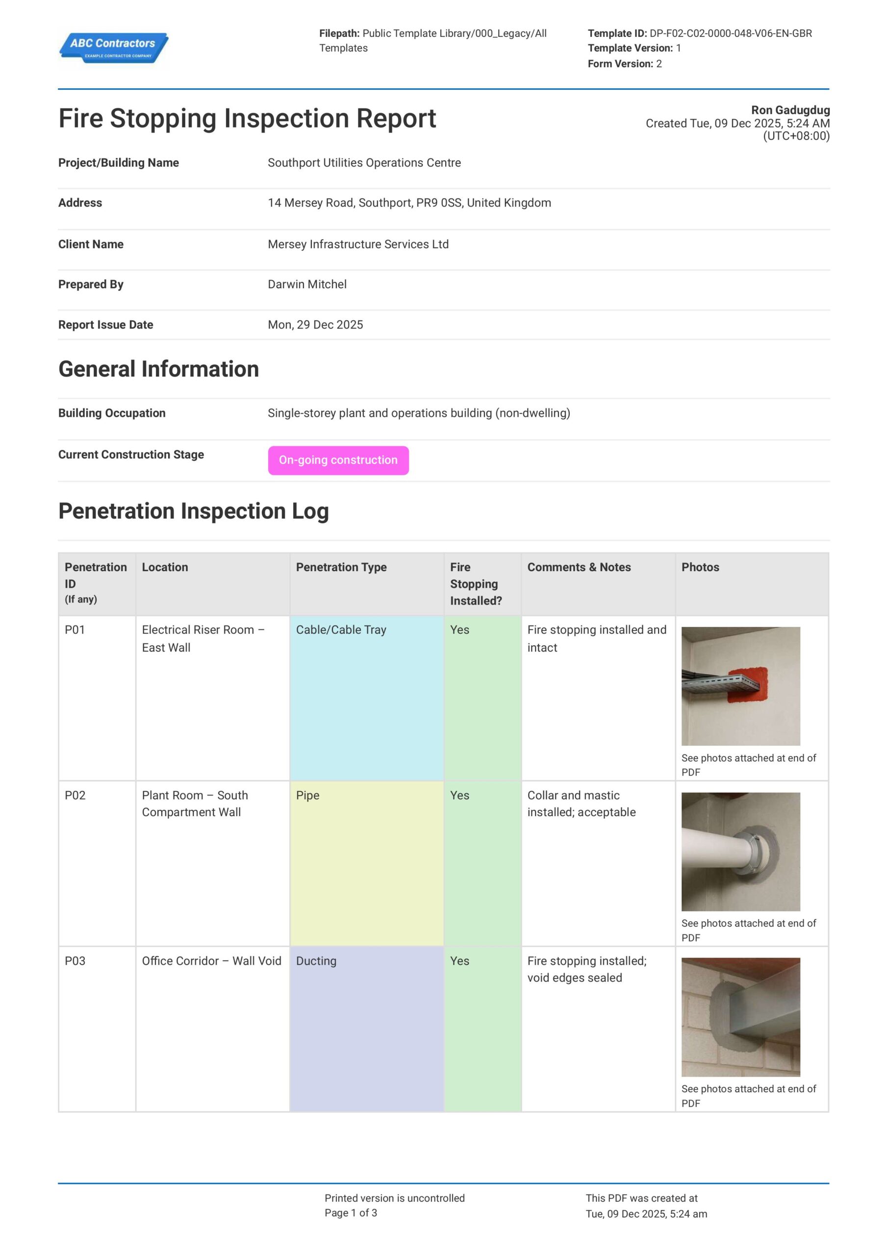 Fire Stopping Inspection Report