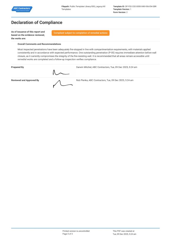 Fire Stopping Inspection Report