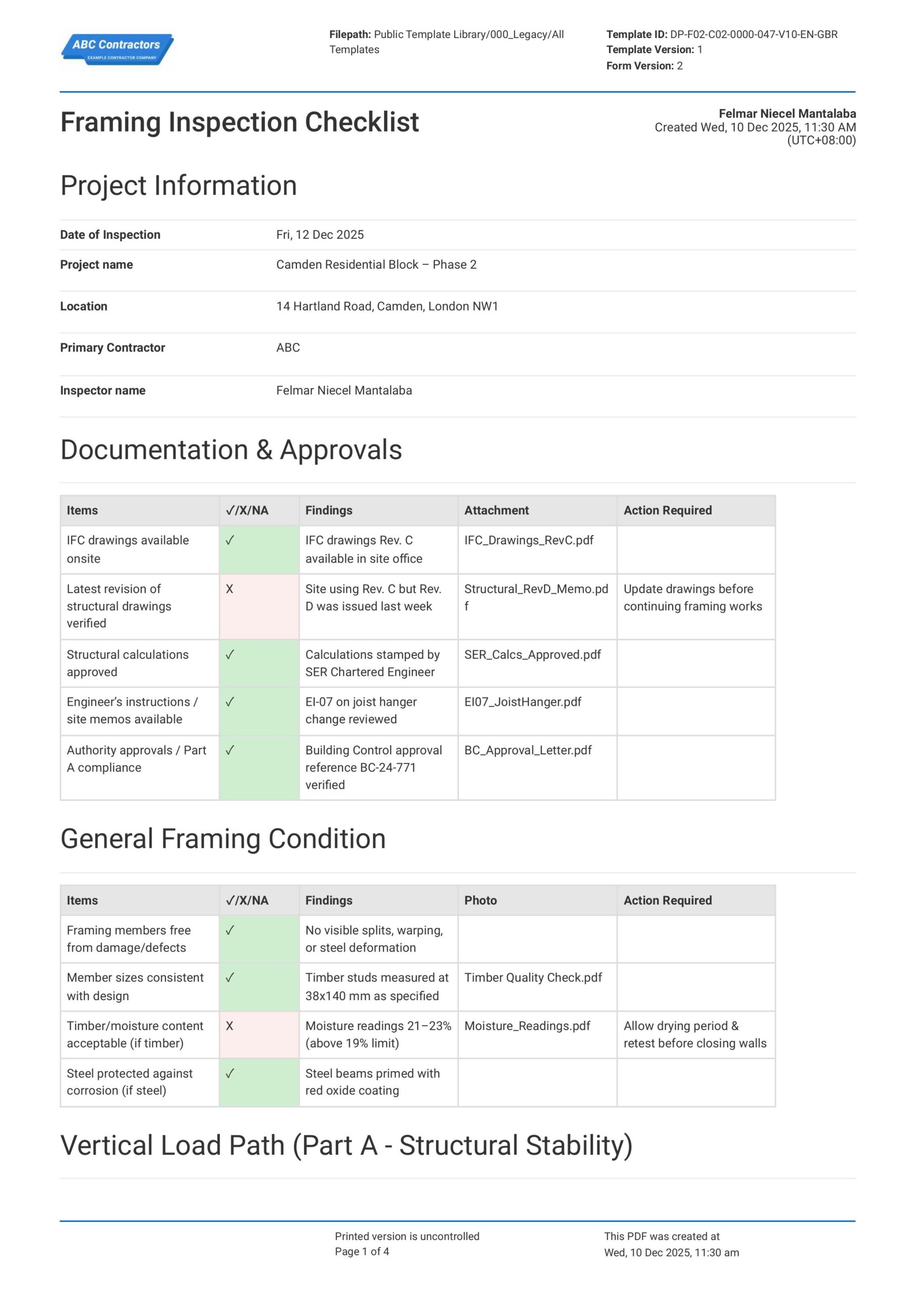Framing Inspection Checklist