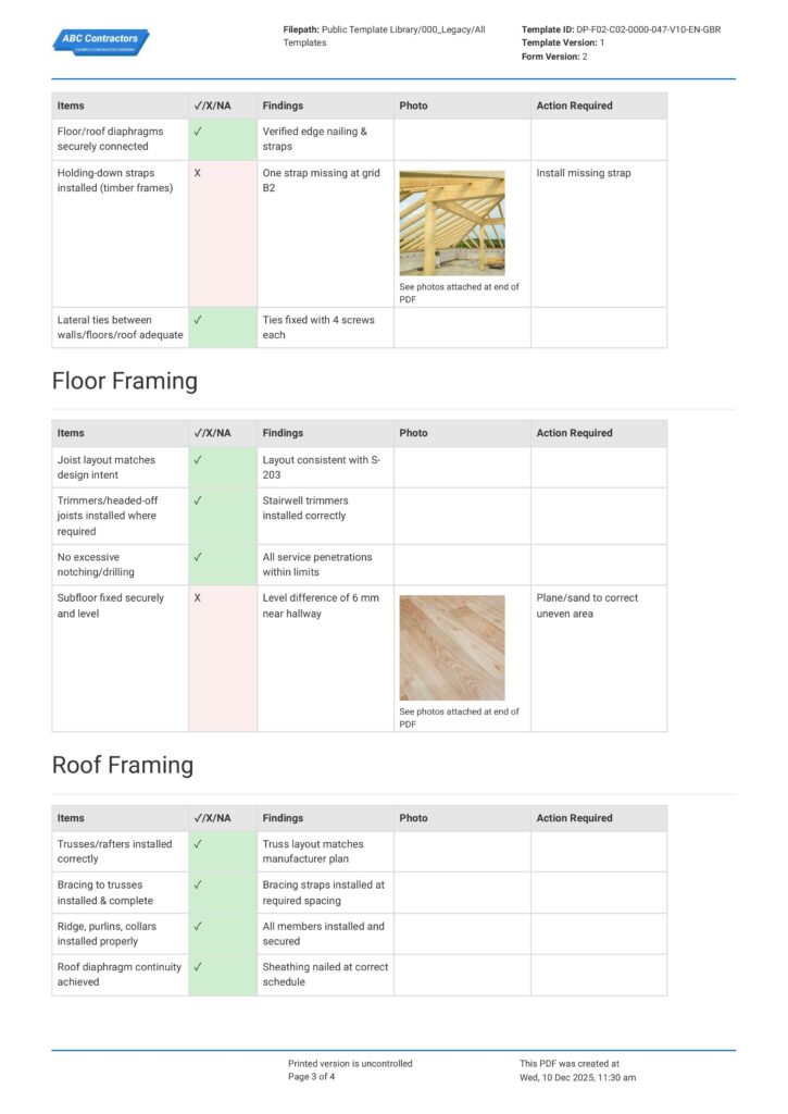 Framing Inspection Checklist