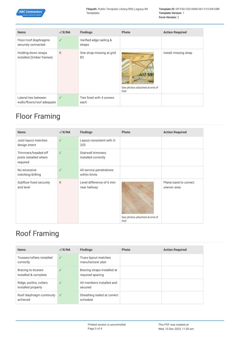 Interior Railing Inspection Form Framing Inspection Checklist-UK Building Standard Requirements
