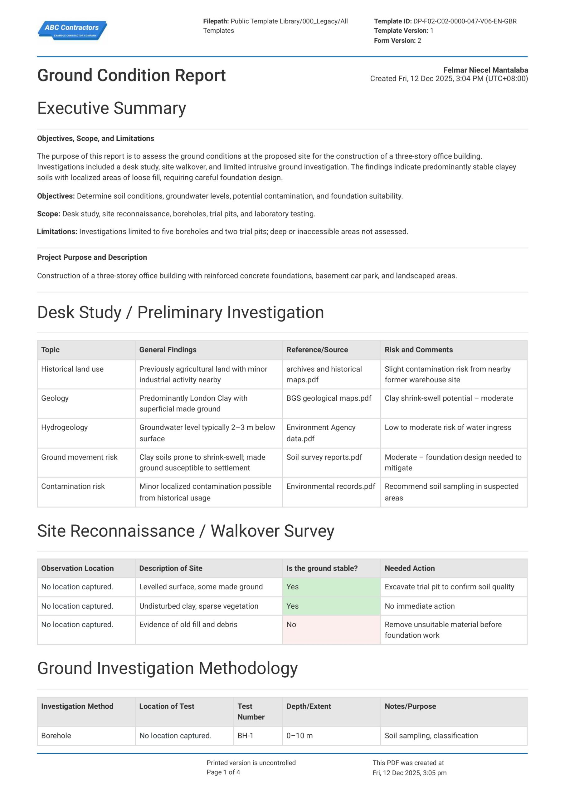 Ground Condition Report