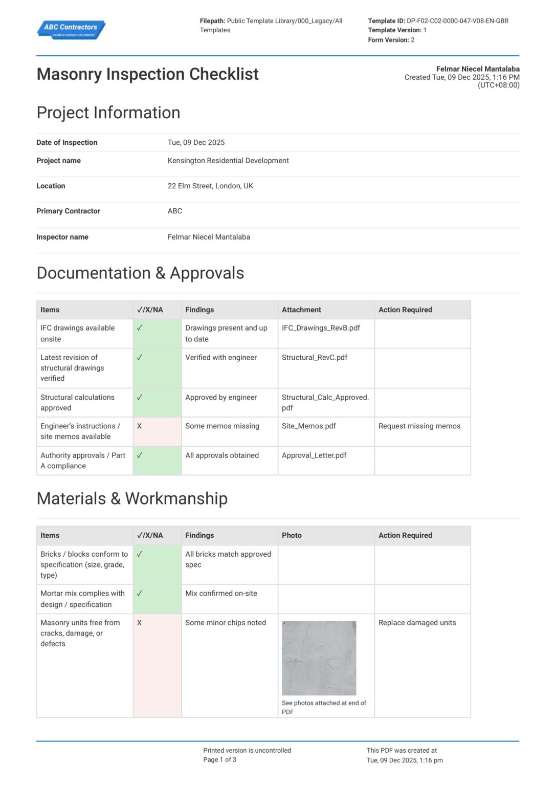 Masonry Inspection Checklist-Part A Quality Control Requirements