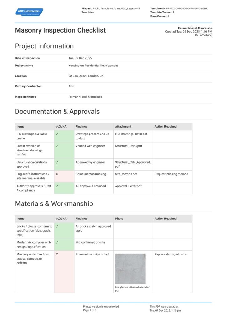 Masonry Inspection Checklist