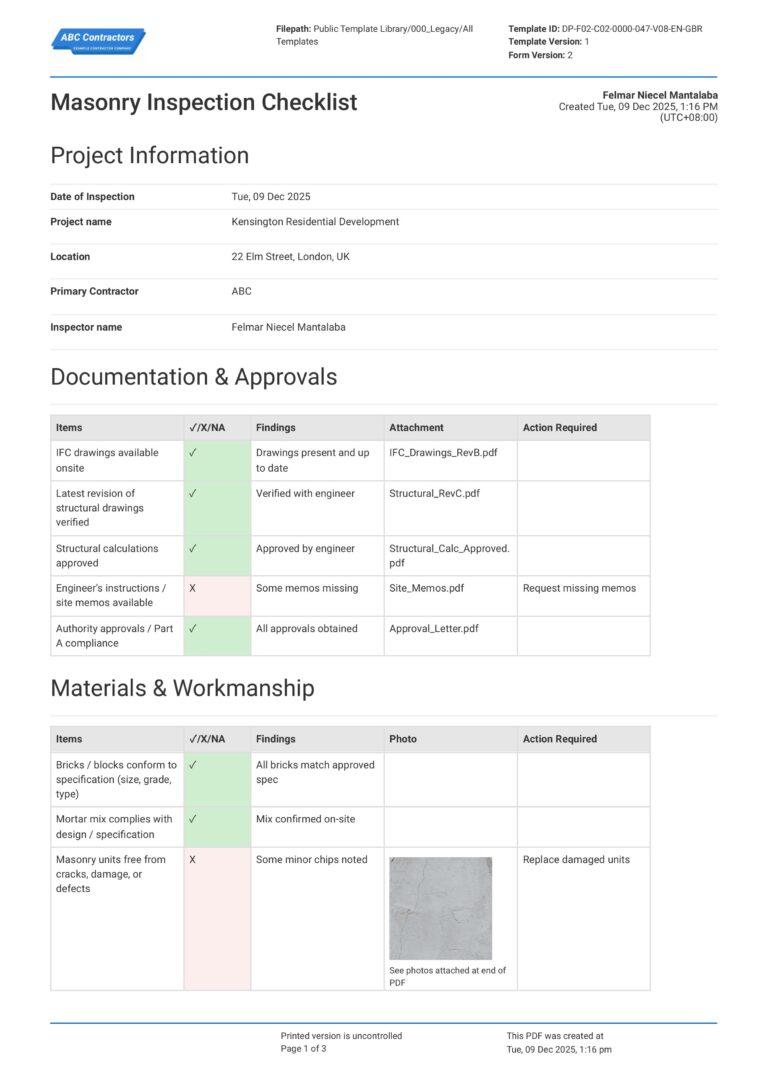 Masonry Inspection Checklist-Part A Quality Control Requirements