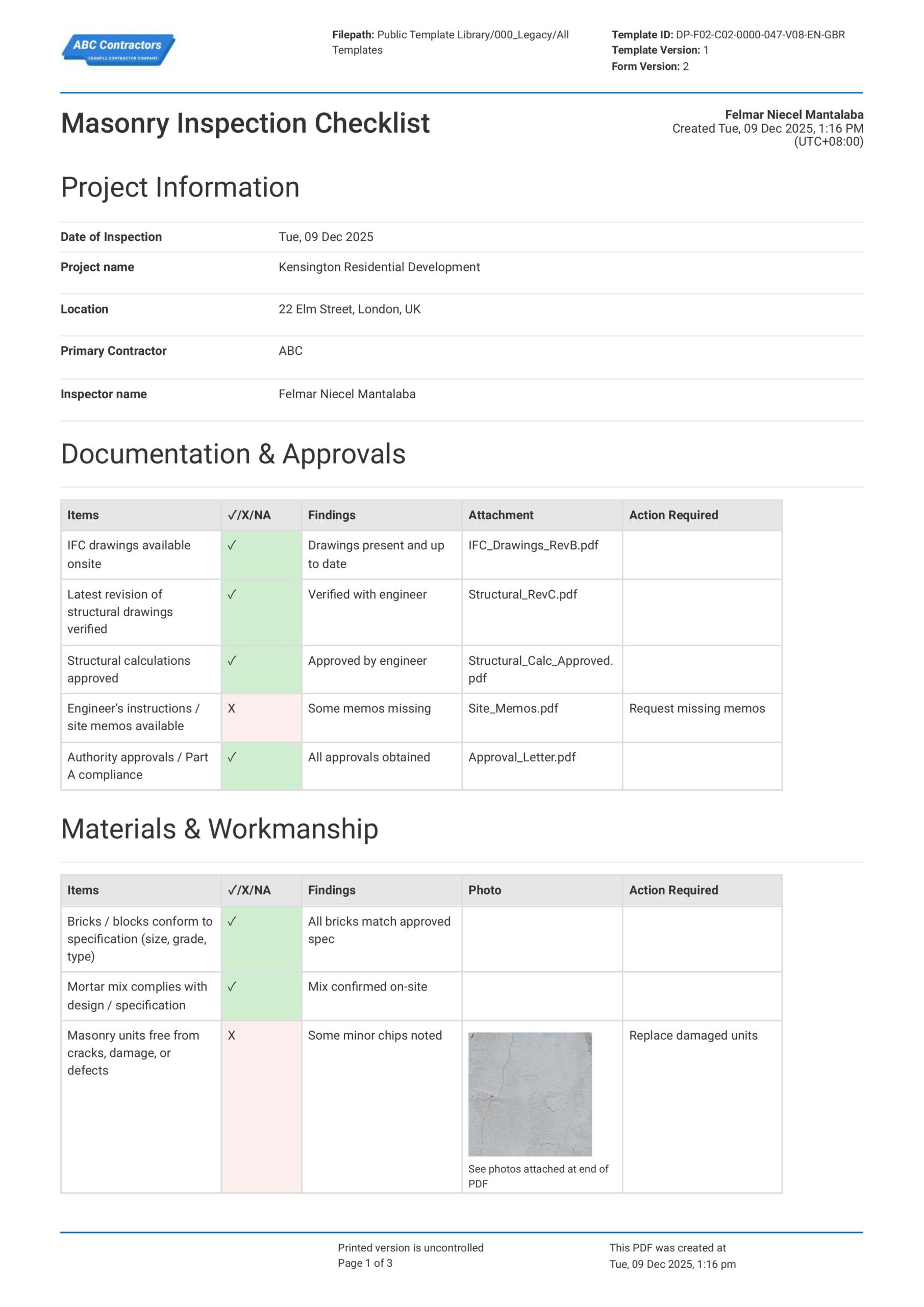 Masonry Inspection Checklist