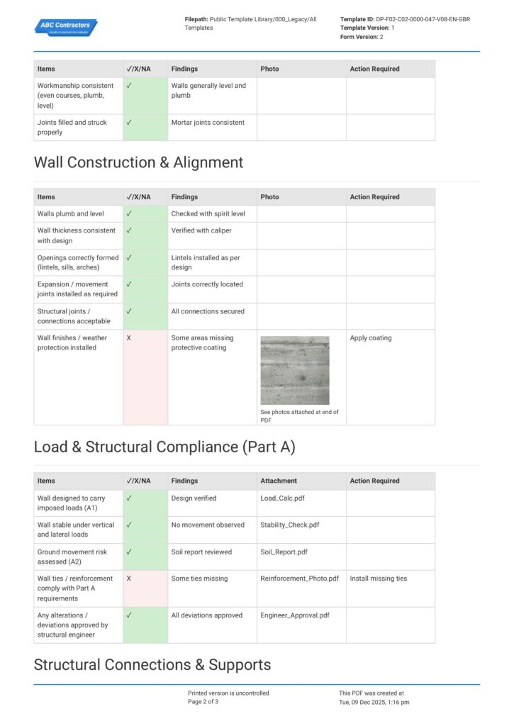 Masonry Inspection Checklist