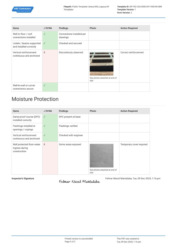 Masonry Inspection Checklist