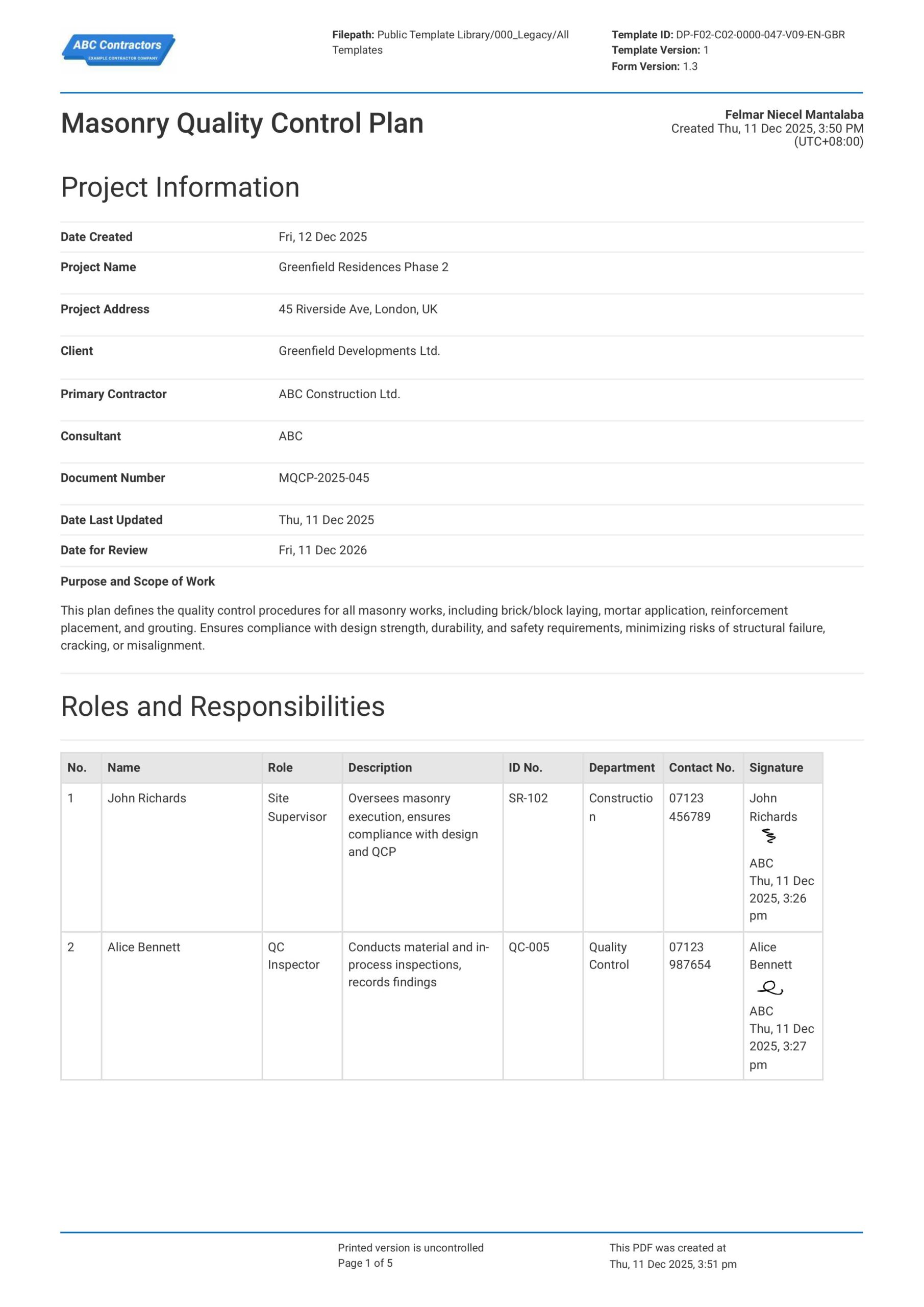 Masonry Quality Control Plan