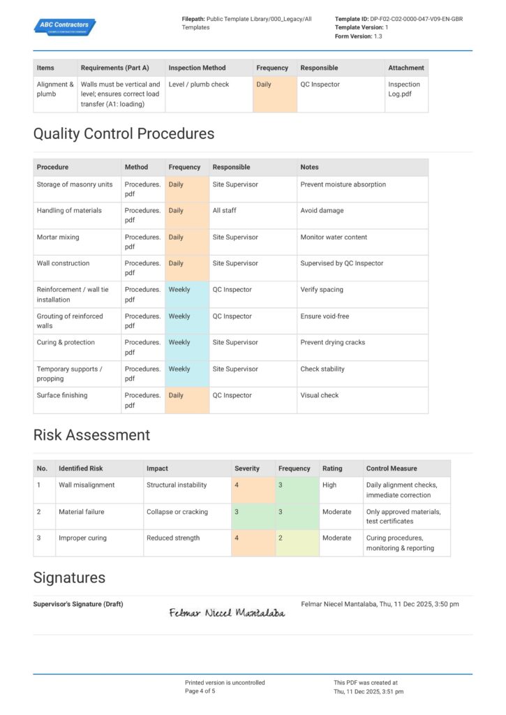 Masonry Quality Control Plan