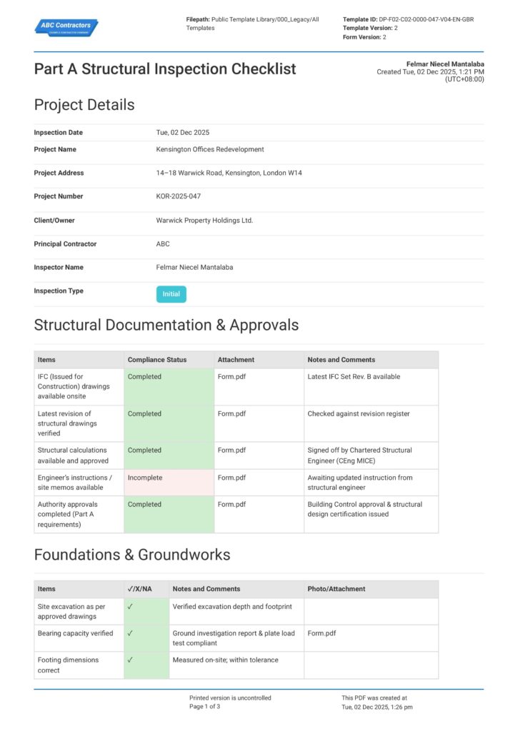 Part A Structural Inspection Checklist