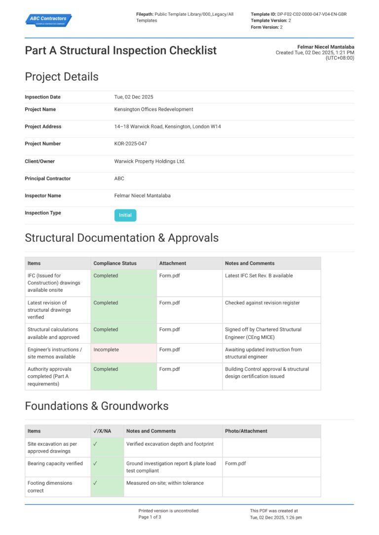 Structural Inspection Flow Part A Structural Inspection Checklist - QA Report Requirements