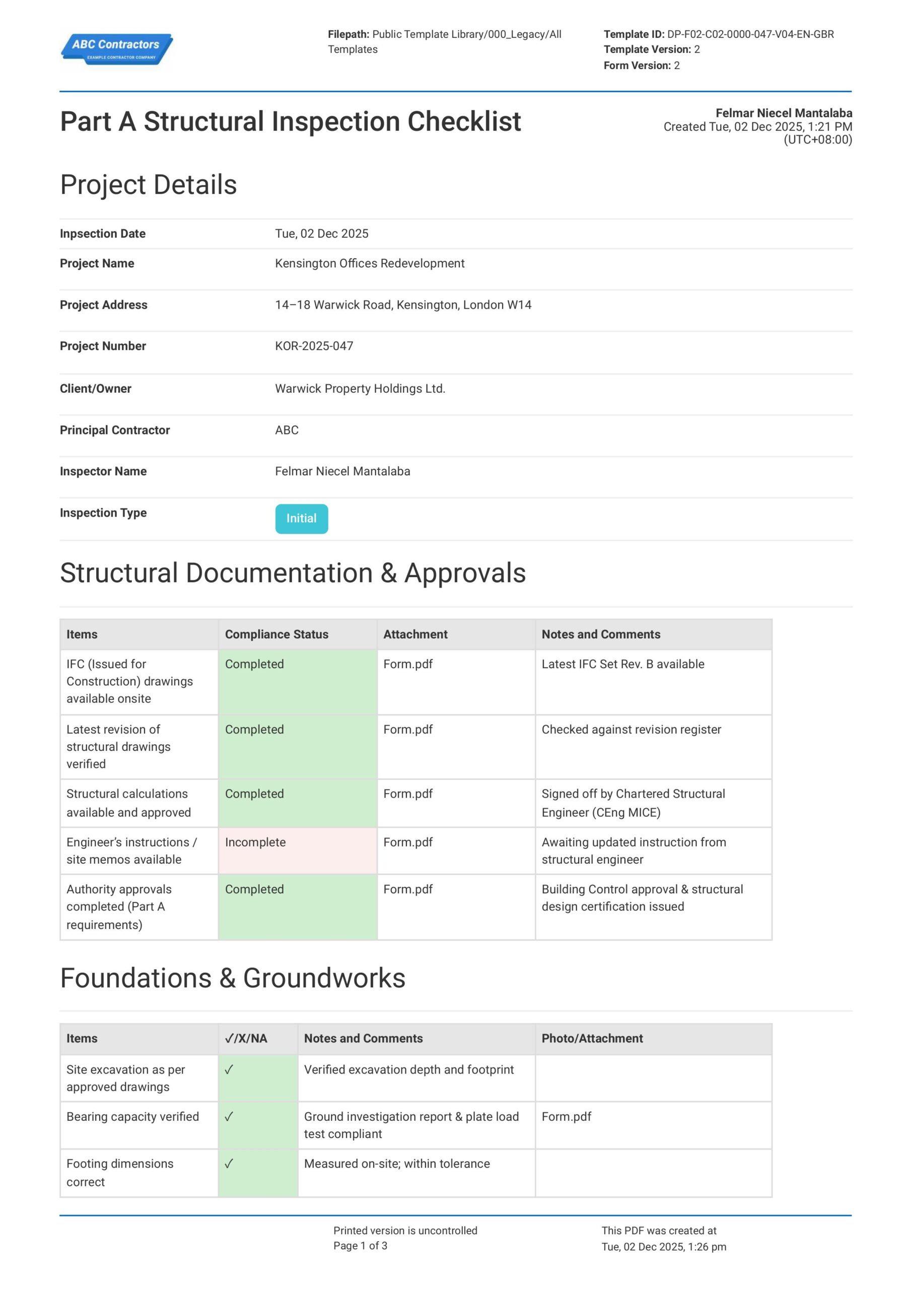 Part A Structural Inspection Checklist
