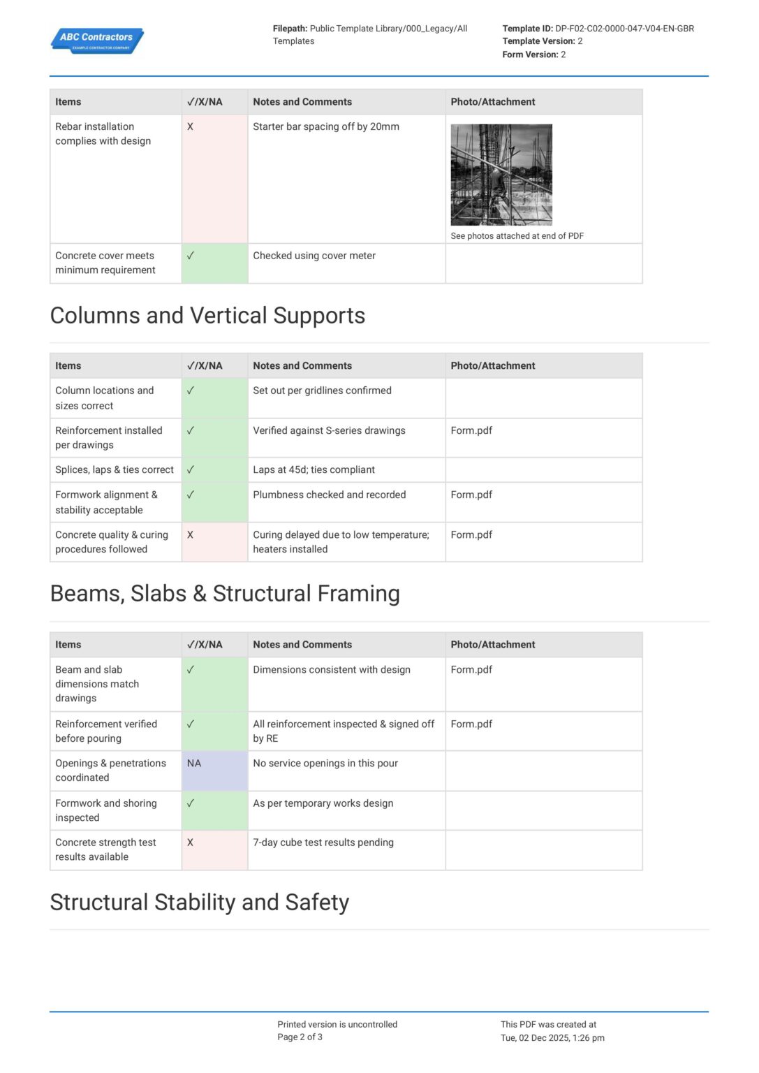 Part A Structural Inspection Checklist - QA Report Requirements