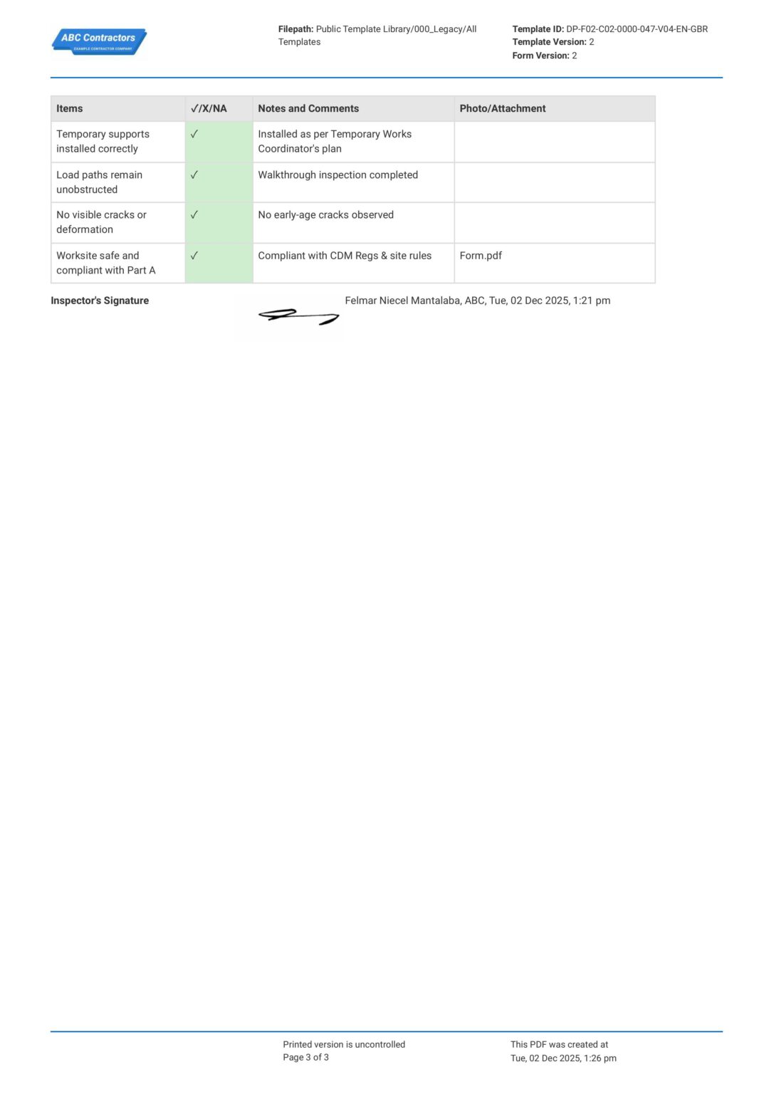 Sample Part Inspection Form Part A Structural Inspection Checklist - QA Report Requirements