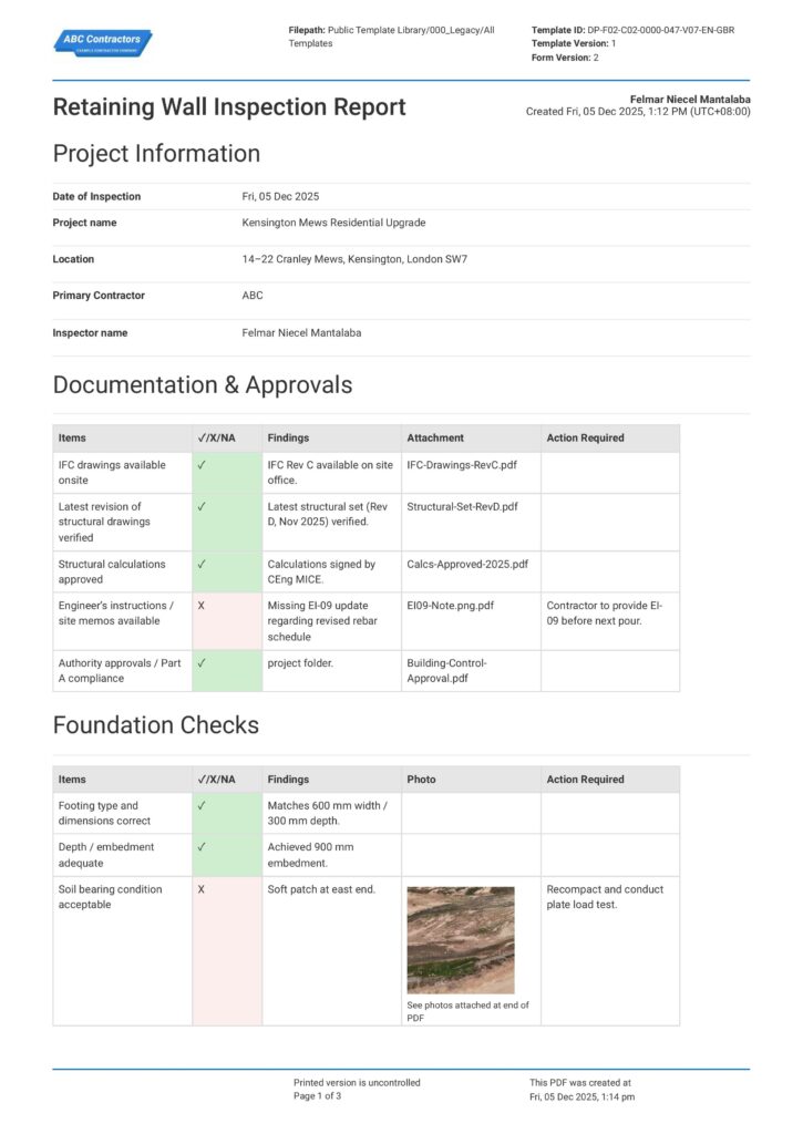 Retaining Wall Inspection Report