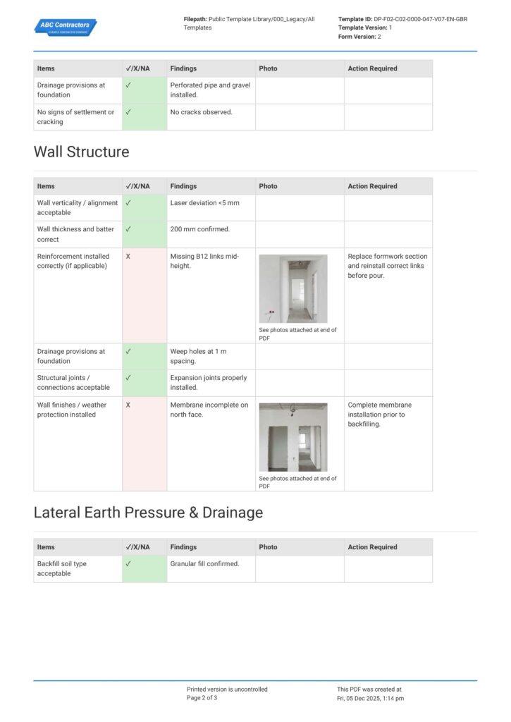 Retaining Wall Inspection Report