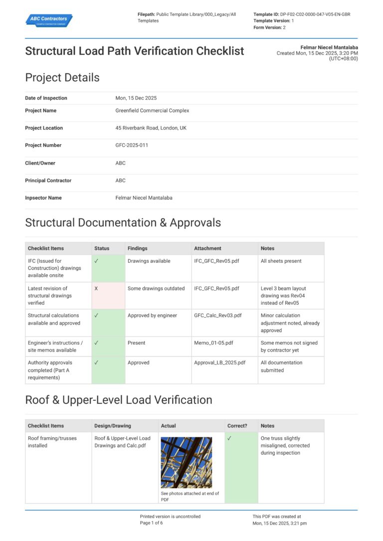 Structural Load Path Verification Checklist - QA/QC assessment