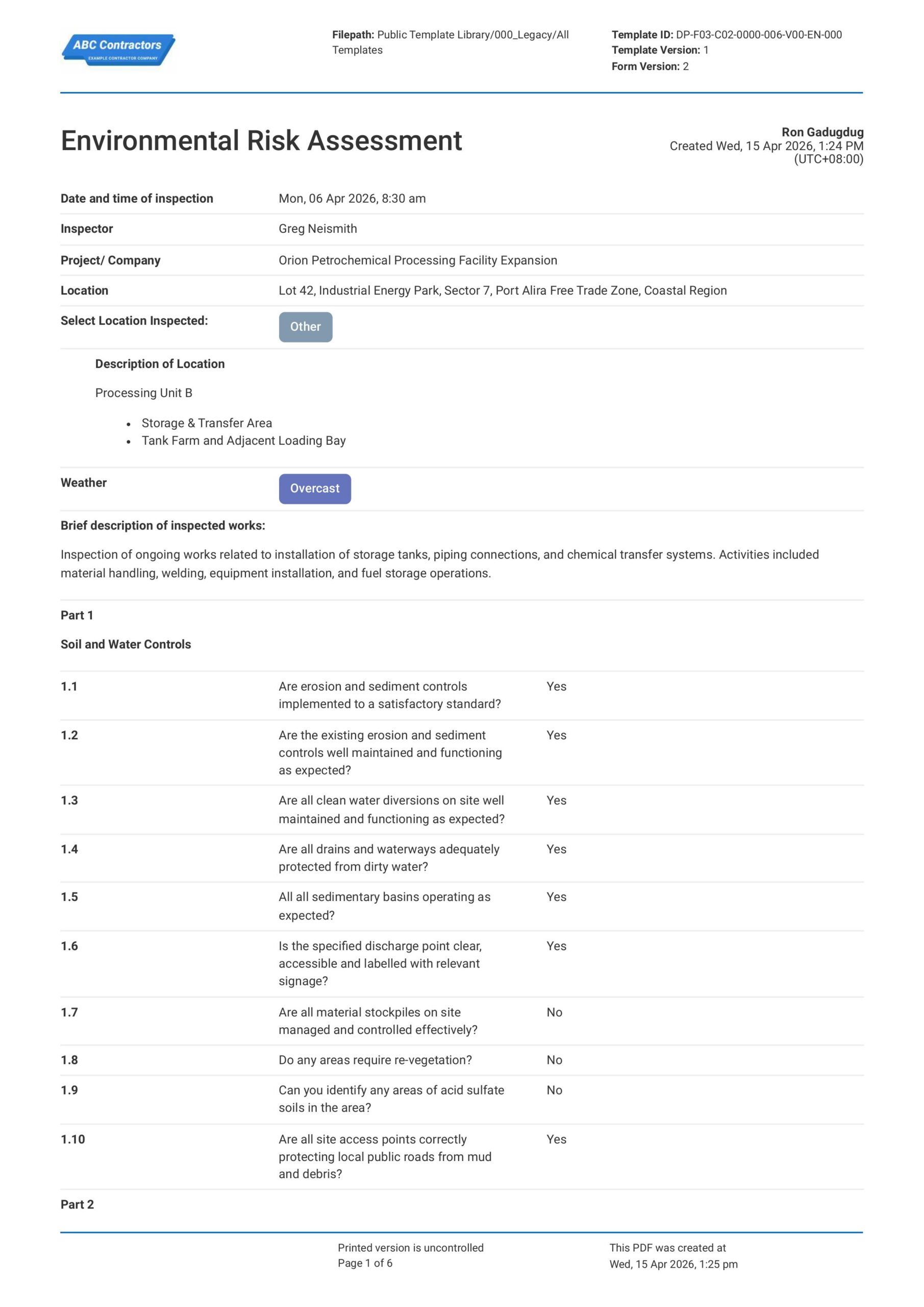Environmental Risk Assessment Template